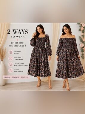 S-Deer Floral Smocked Midi Dress Long Sleeve Black Multi Size L NWT